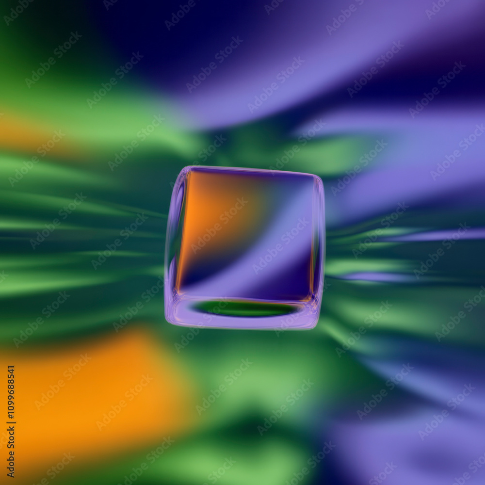 Poster floating green glass cube with vibrant abstract background