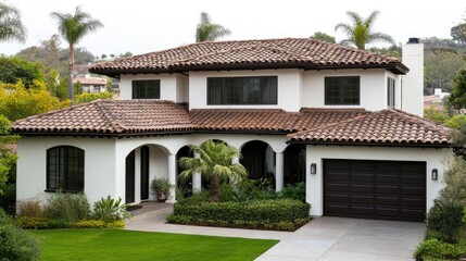 This charming two-story house features a three-front roof and is set amidst lush greenery in a quiet residential area