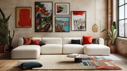 A contemporary living room with sleek lines, a stylish sectional sofa, and a decorative gallery wall showcasing an array of art pieces