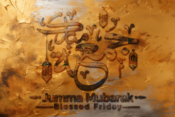 3D Jumma Mubarak calligraphy in Gold on a Golden background, translation blessed Friday, Jumma Mubarak Calligraphy For Social Media Posts Islamic Design