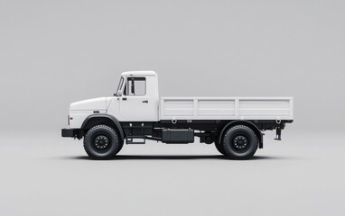 Fototapeta premium A photorealistic side view of a white cargo truck with a blank side, set against a gray background. 