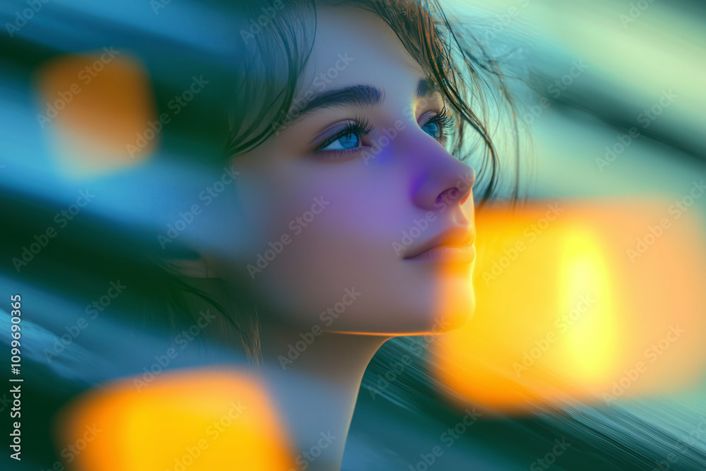 Poster an artistic and surreal portrait of a woman with a soft expression, bathed in gentle lighting.