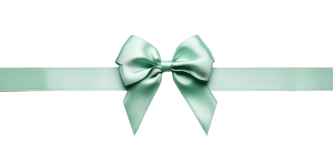 Mint green silk ribbon bow with long straight strips isolated on transparent background, gift wrap decoration design