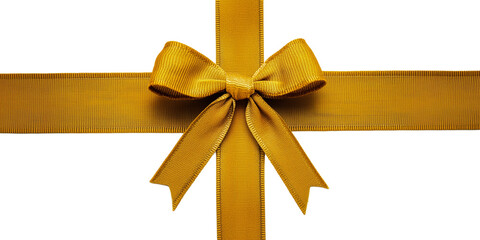 Fototapeta premium Mustard yellow velvet ribbon bow with long straight strips isolated on transparent background, gift wrap decoration design