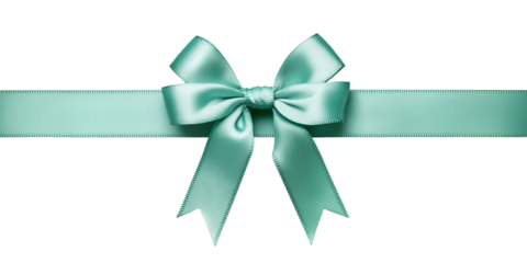 Teal green satin ribbon bow with long straight silk strips isolated on transparent background, gift wrap decoration design