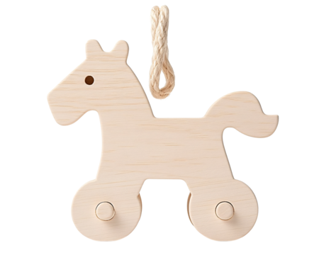 a wooden toy horse on a rope