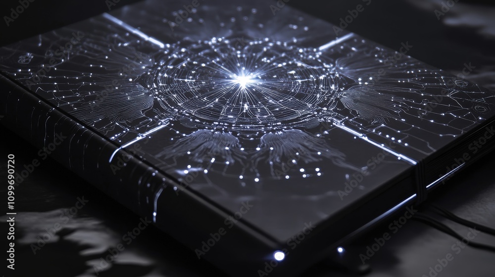 Poster envision a futuristic notebook adorned with a complex mandala design, each line embedded with softly