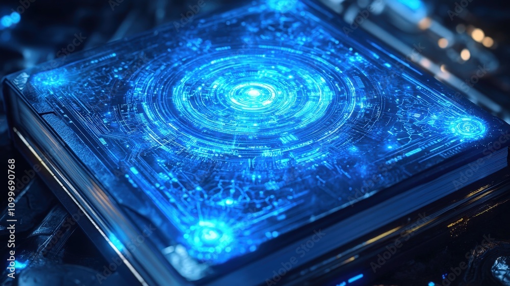 Poster envision a futuristic notebook with a complex mandala design, its intricate patterns illuminated by 