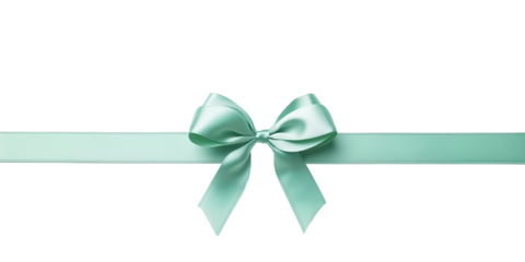 Teal green satin ribbon bow with long straight silk strips isolated on transparent background, gift wrap decoration design