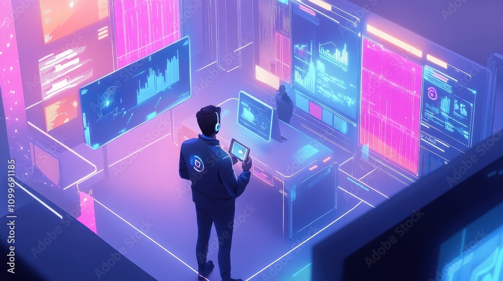Poster envision a modern office where ai is being used to automate tasks. a person is interacting with a ho
