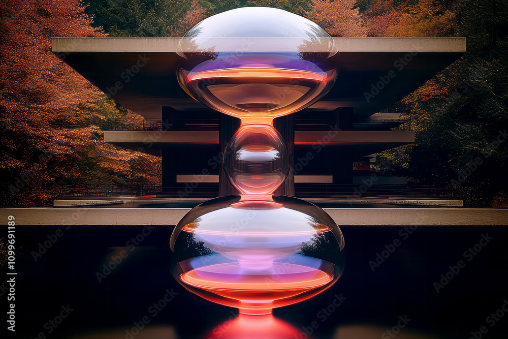 Poster A surreal composition showcasing a futuristic sculpture with mirrored globes and glowing elements, positioned in front of a modern, minimalist architectural structure.