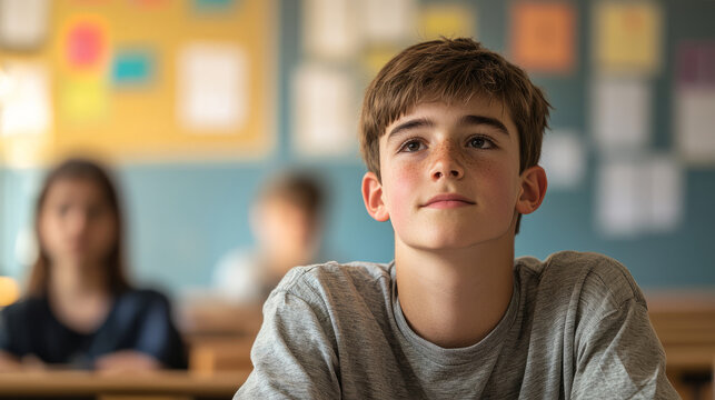 Portrait of a thoughtful teenage boy in a classroom setting
