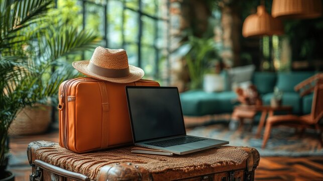 Laptop and travel essentials on table with hat, sunglasses, tropical interior, vacation vibes, remote work setup, relaxing workspace, cozy environment, travel inspiration