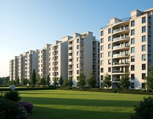 New modern block of flats in green area. residential apartment with flat buildings exterior. luxury house complex. Part of City Real estate property, condo architecture. apartment insurance concept.