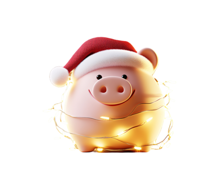 a piggy bank with a santa hat and lights - Powered by Adobe