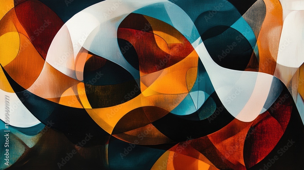 Poster a dynamic abstract composition of overlapping translucent layers in vibrant colors, creating a sense