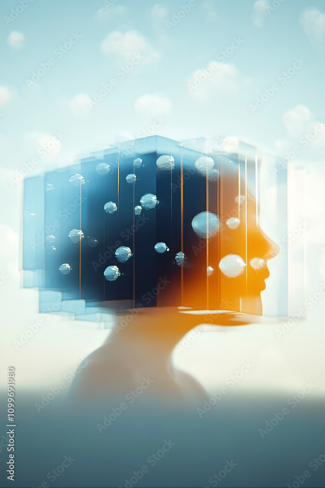 Poster A serene profile of a human silhouette blended with abstract geometric shapes, creating a layered and translucent effect.