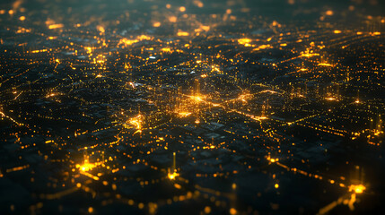 Naklejka premium Abstract aerial view of a futuristic city at night Glowing orange lights represent buildings and infrastructure forming a complex network