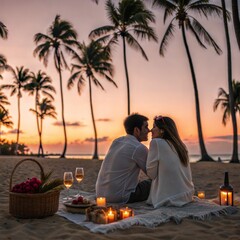 Romantic Sunset Picnic on Tropical Beach with Palm Trees