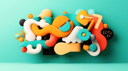 Obraz premium Abstract 3D composition with colorful geometric shapes and organic forms on a turquoise background, including circles, curves, and wavy elements in orange, white, black, and red tones.