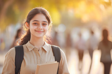 young indian college girl holding text book