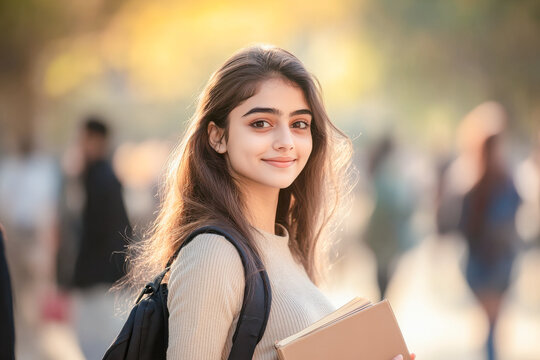 young indian college girl holding text book - Powered by Adobe