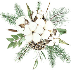 watercolor christmas bouquet cotton, conifers