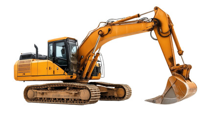 Yellow hydraulic excavator with a large digging bucket, resting on crawler tracks. Suitable for construction, mining, and heavy-duty earth-moving tasks. Isolated on white background.