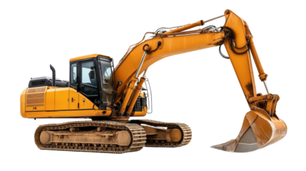 Yellow hydraulic excavator with a large digging bucket, resting on crawler tracks. Suitable for construction, mining, and heavy-duty earth-moving tasks. Isolated on white background.