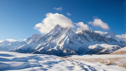 Majestic snow-covered mountains under a blue sky in winter sunlight