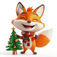 Obraz premium Cheerful cartoon fox with a Christmas tree, wearing a scarf and smiling joyfully.