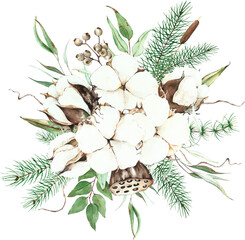 watercolor christmas bouquet cotton, conifers