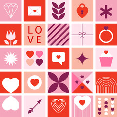 Bauhaus Valentine's day geometric seamless pattern with simple shapes and icons in flat minimalist style. Modern vector ornament for print, banner, card, fabric, cover, wrapping paper, wallpaper