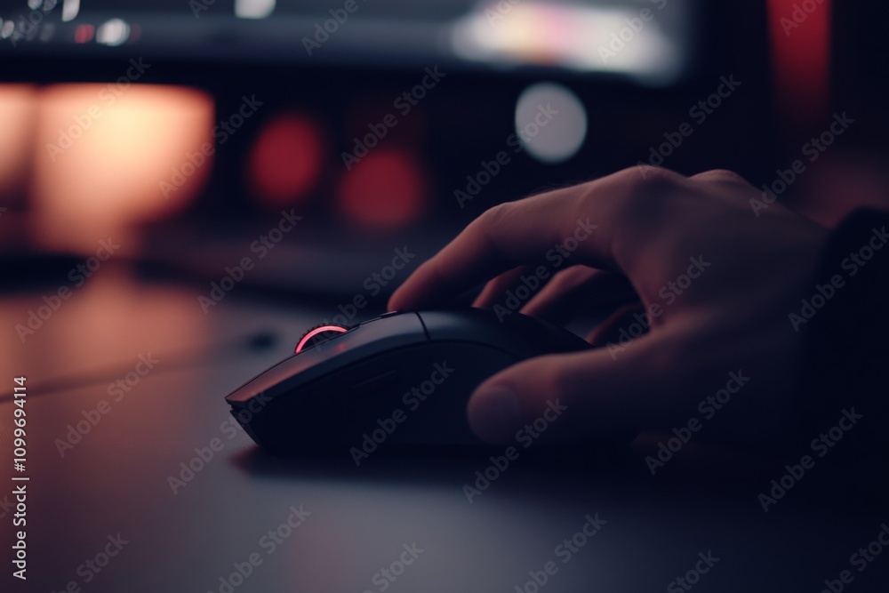 Poster close-up of a hand using a computer mouse with soft glowing background in a dark environment, ideal 