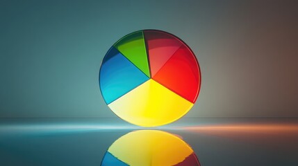 Fototapeta premium A glowing pie chart with segments separated slightly, floating over a reflective surface to represent diversified financial investments