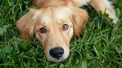 A light brown, young golden retriever lies in tall, vibrant green grass