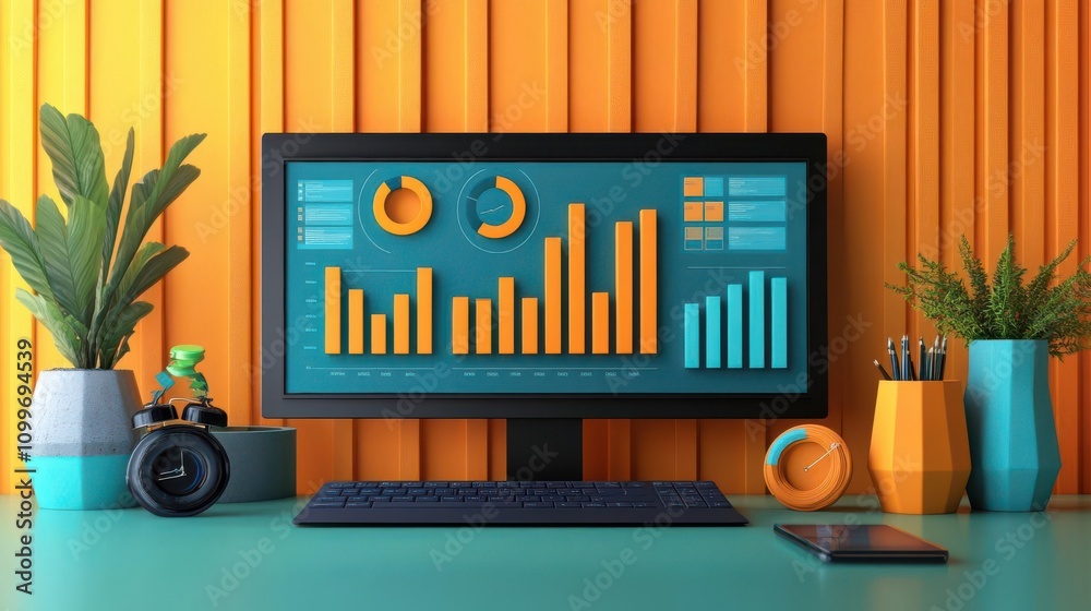 Poster a modern workspace featuring a computer screen with vibrant charts and graphs, surrounded by colorfu