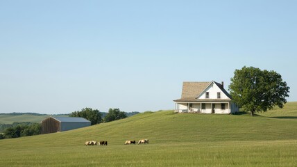 Old farmhouse on a windy hill, with a large barn and grazing animals below   farmhouse, rural charm