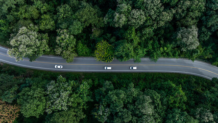 Aerial view electric vehicle car drive on forest road in green tree forest road, EV car electric vehicle car on forest road green energy and eco power, Ev car alternative sustainable renewable energy.