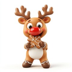 Fototapeta premium Playful cartoon reindeer holding a gingerbread cookie with a cheerful expression.