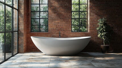 Fototapeta premium Elegant modern bathroom design featuring a freestanding tub in a spacious area with large windows and natural light