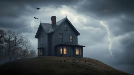 Old haunted house on a hill, with crows circling above and lightning illuminating the sky   haunted house, stormy night