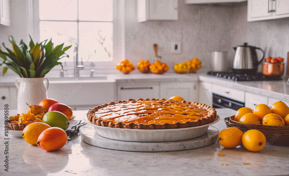 Poster Pie is on a marble counter with oranges and apples. There is a vase with flowers on the counter