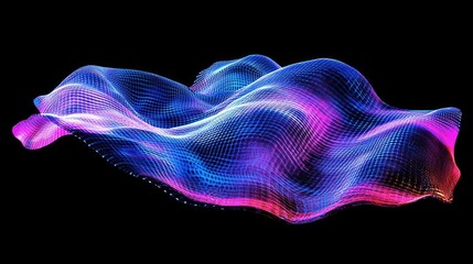 Obraz premium A holographic, abstract wave pattern in bright shades of blue and pink, floating against a black background, emphasizing movement and fluidity