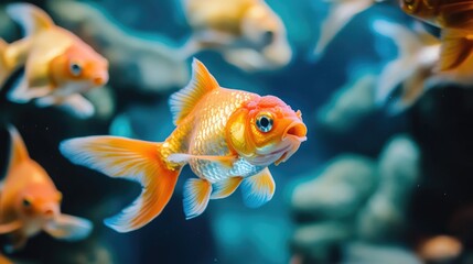 Orange fish swimming among a school, symbolizing leadership, teamwork success, and innovative ideas in a vibrant underwater setting.