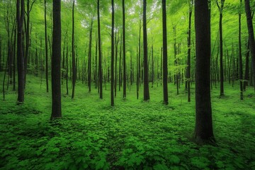 Obraz premium A serene view of a lush forest with tall, straight trees and a carpet of fresh green foliage, radiating tranquility and the beauty of untouched nature
