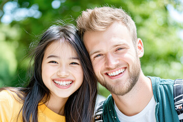 Fototapeta premium Young Friends Share Joyful Moments in Nature with Bright Smiles and Laughter