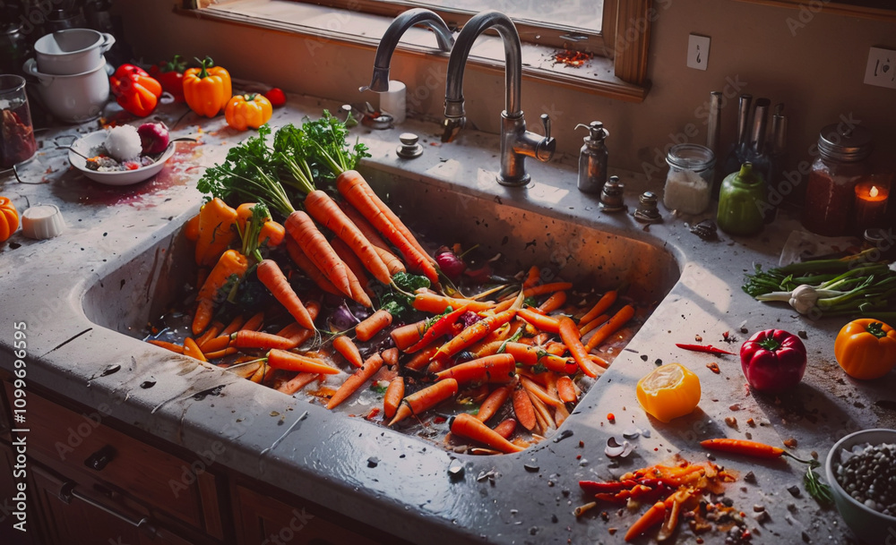 Poster sink full of chopped carrots and other vegetables. there are also some peppers and tomatoes on the c