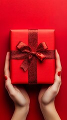 Elegant hands presenting a beautifully wrapped red gift box with a shiny bow.