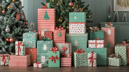 Imagine a festive display of Christmas gift boxes wrapped in cheerful, colorful paper. Some boxes are adorned with glittering ribbons